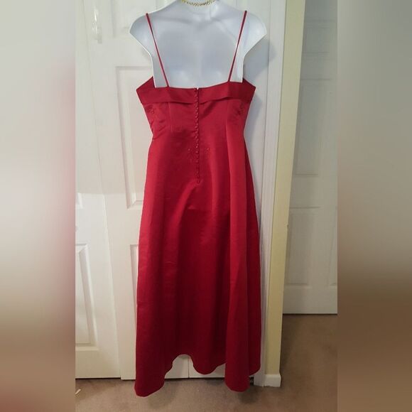 Ginnis Red Satin embroidered bodice bridesmaid gown - Picture 2 of 11